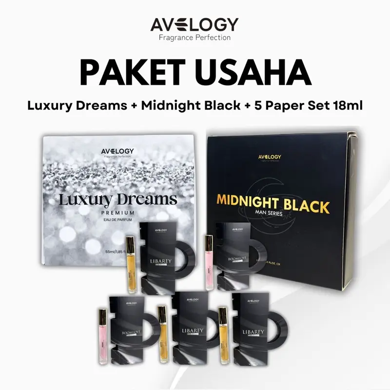 PAKET USAHA 10 PCS ( 3pcs LUXURY + 2pcs MIDNIGHT BLACK + 5pcs TRAVEL SIZE) PARFUM AVELOGY EDP TAHAN LAMA SPL TINGGI