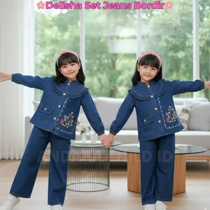 Stelan Jins delisha anak Perempuan 3 - 10 Tahun Bordir Flower Jins Mix Bordir Timbul Koreans Style Celana Jeans Usia 3 - 10 Tahun Set Bordir Model kekinian Korean Style terbaru 2026 Anak Perempuan - Fashion Baju Stelan