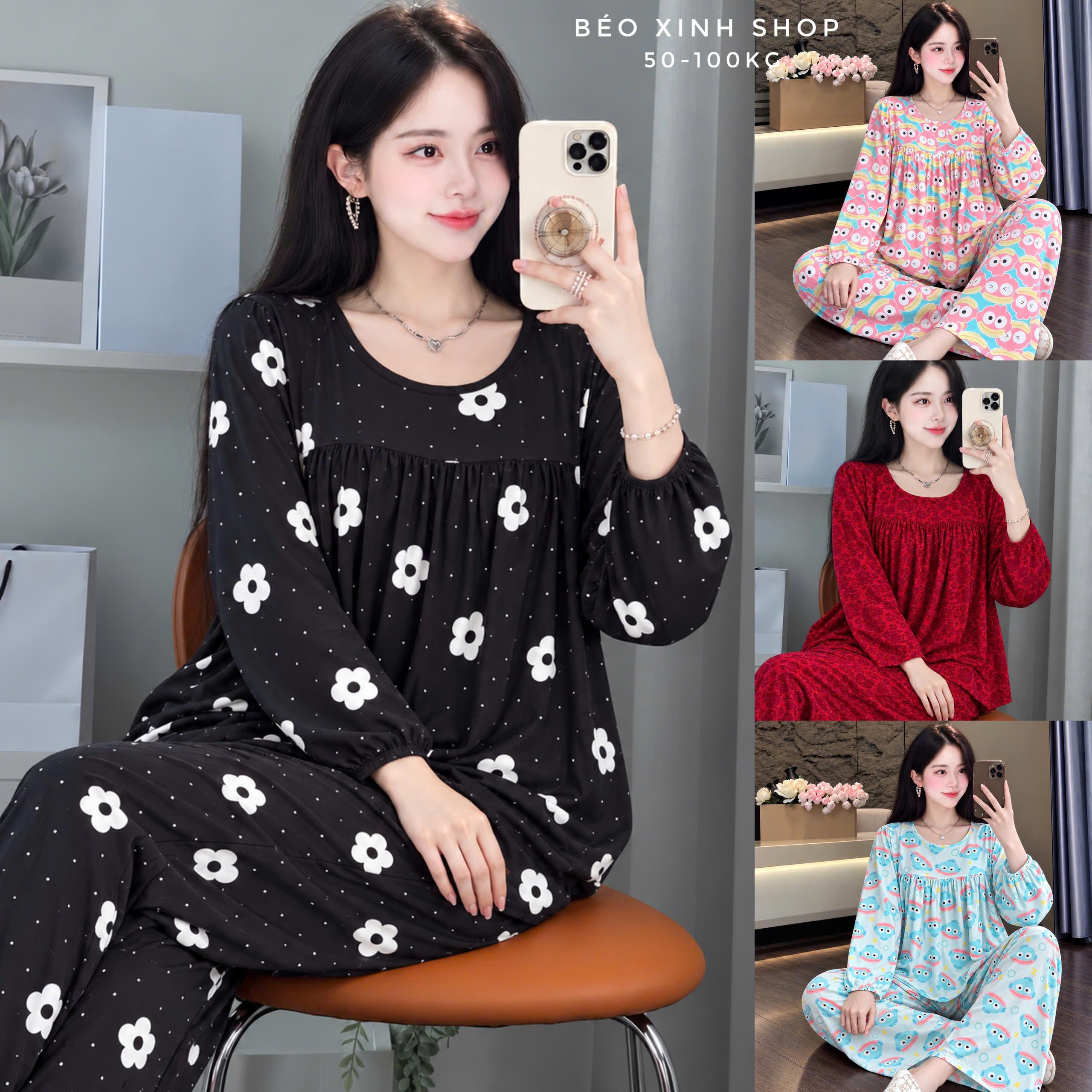 Đồ Bộ - Đồ Ngủ Tay Dài Phom Baby Doll Vải Tole L1 2 Da Có Bigsize 50-100Kg Béo Xinh Shop - A.5665