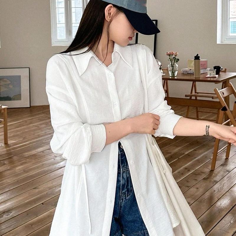 Kemeja Sakura Polos Atasan Wanita Oversize Bahan Crinkle Korean Style Terbaru kancing Panjang Baju Fit Tangan 0