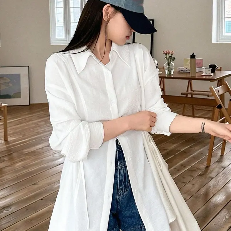 Kemeja Sakura Polos Atasan Wanita Oversize Bahan Crinkle Korean Style Terbaru kancing Panjang Baju Fit Tangan 0