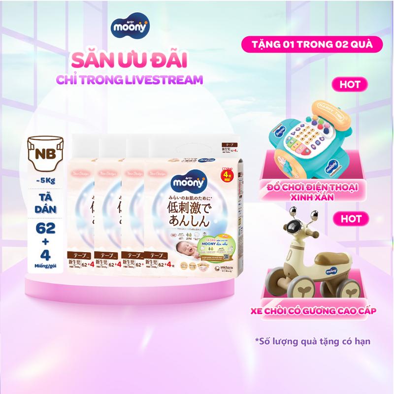   KOL   COMBO 4-TẶNG ĐỒ CHƠI ĐIỆN THOẠI  XE CHÒI  Moony Tã bỉm dán Dịu Nhẹ  Natural NB62+4  S58+2  M46  L38 - Nhập khẩu Nhật Bản 
