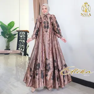 Nalafashion Atika Dress Silk Sutra armany Ziper Depan Aksen punda Pundak  tangan smoke bawah lebar rempel