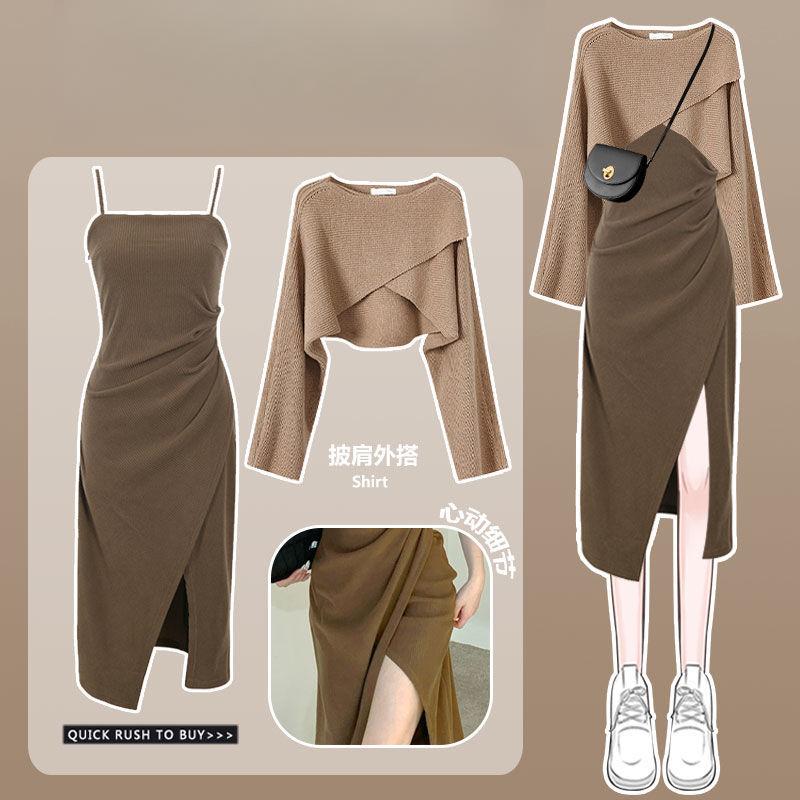 Product Introduction of Oversized Fat Sister Autumn Set for Women 2023 New Knitted Sweater Sweater for Women Slim Slim Drop Dress Two Piece Set 4