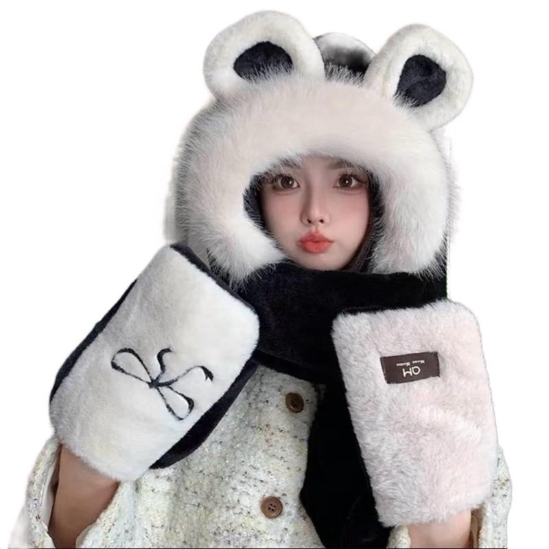 Mũ trùm đầu 3in1 Hoa Hat - Khăn quàng cổ bao tay giữ ấm mùa thu đông - Trắng Đỏ đô Nâu - Vòng đầu 52-58 vừa - Women