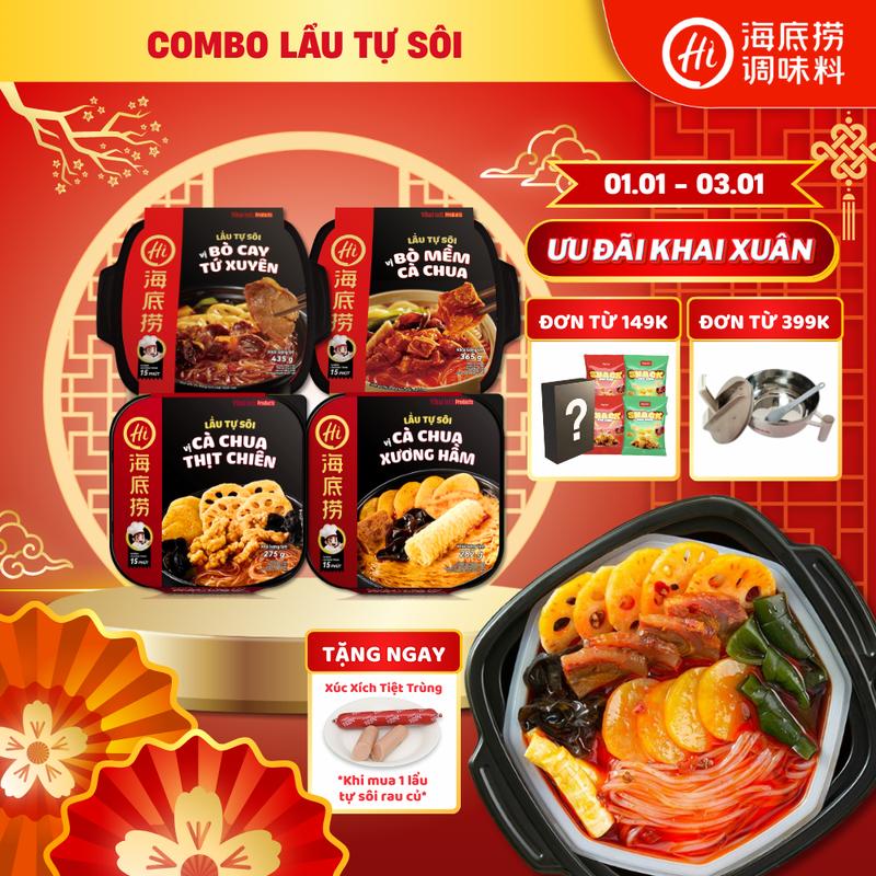   TẶNG THÊM XÚC XÍCH CHO LẨU RAU CỦ  Tổng hợp Lẩu tự sôi vị Bò cay Tứ Xuyên Bò mềm cà Chua  Cà chua thịt chiên  Cà chua xương hầm- Tiện lợi không cần bếp- Phù hợp mang cắm trại du lịch ăn khuya 