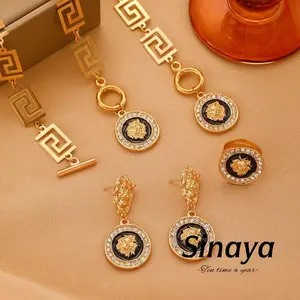 [Sinaya]Kalung, Anting, Gelang & Cincin Set Emas Motif Kepala Singa Berlian Desain Geometris Gaya Retro F281