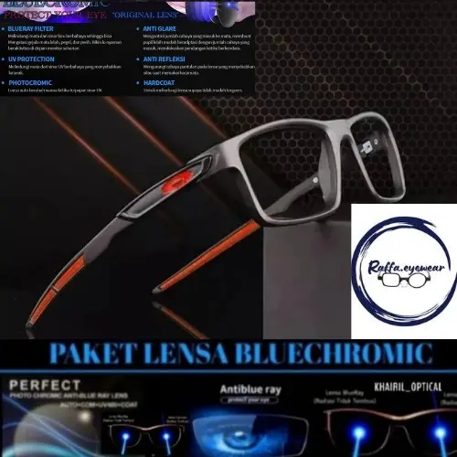 Kacamata Pria Sporty Frame 2013 Free Minus-Cylinder Antiradiasi Biru Blue Bluecromic Blueray Lensa Photocromic Eyewear Glasses