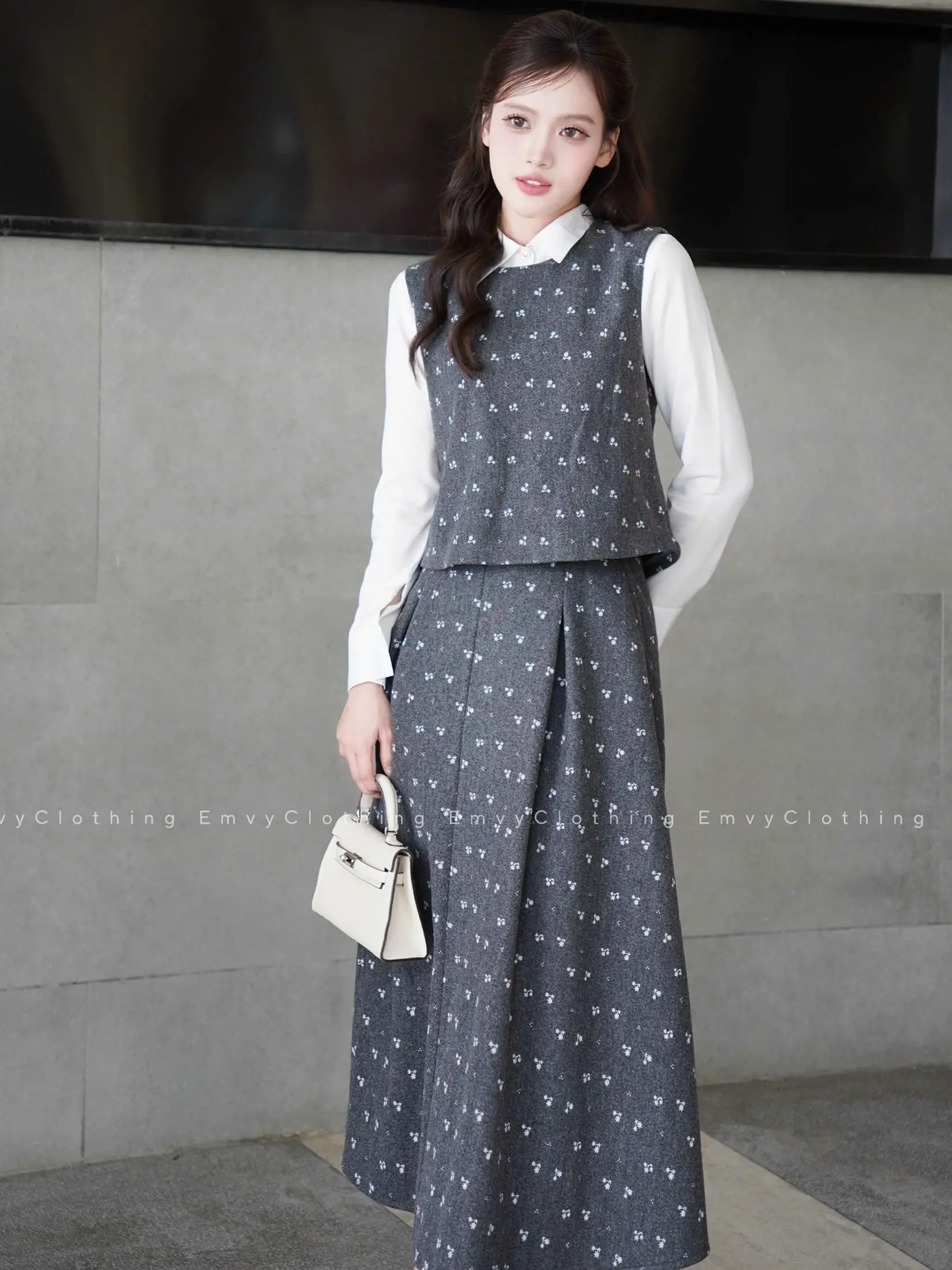 EV111-EmvyClothing Set bộ nhiều chi tiết chất dạ ép in hoa nhí thanh lịch tiểu thư nhiều chi tiết tinh tế chất liệu dạ ép mềm mại in hoa nhí thanh lịch phù hợp cho nhiều dịp | BigBuy360 - bigbuy360.vn