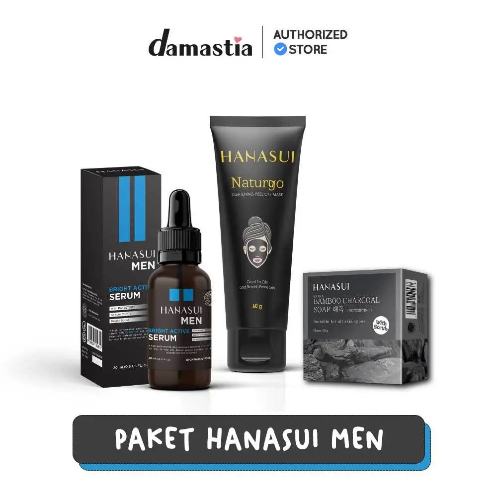Hanasui Paket Perawatan Pria - Hanasui Men Bright Active Serum + Masker Naturgo Tube + Sabun Bamboo Charcoal