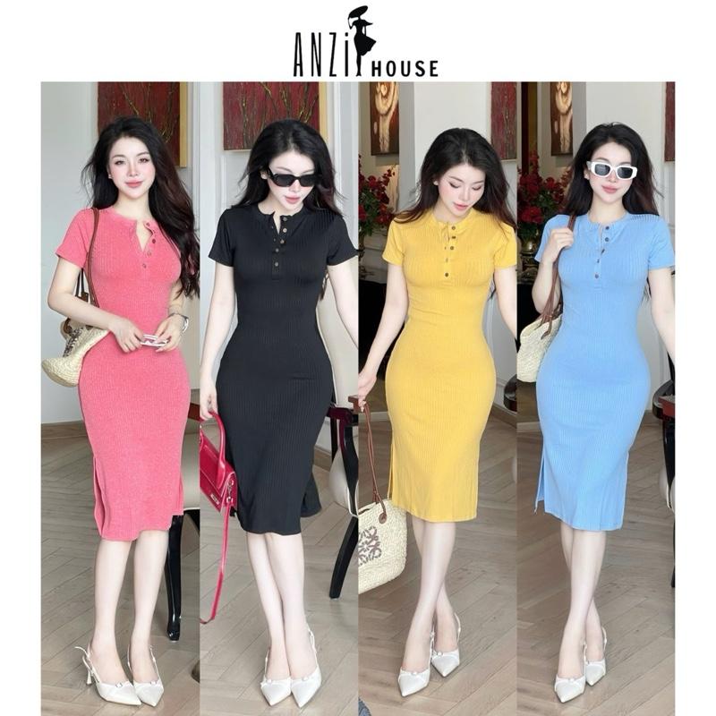 [ANZi House] Đầm Body Tay Ngắn Cổ Trụ Xẻ Tà, Vải Đũa Lạnh CD Quảng Châu, Co Giãn Mát Mẻ Cho Mùa Hè, Dành Cho Phụ Nữ – Màu Đỏ