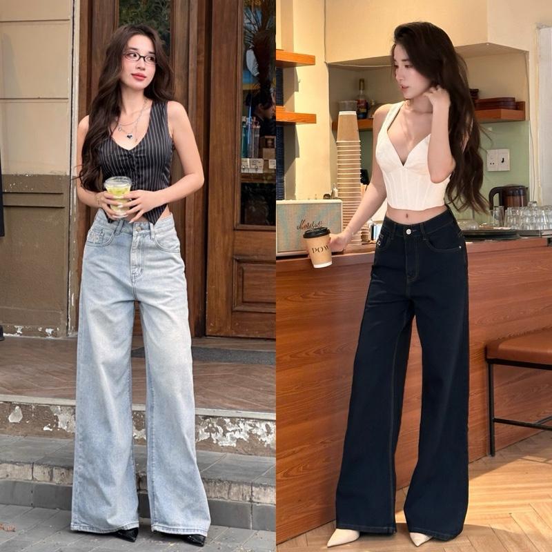 MYUN- Quần Jean Nữ Đáy ngắn Ống Rộng Loe (Ống 34cm)Thêu Nơ, Quần Bò Loe Cạp Trễ Denim Xanh Đen Jean Cotton JL0003-Pants, Women