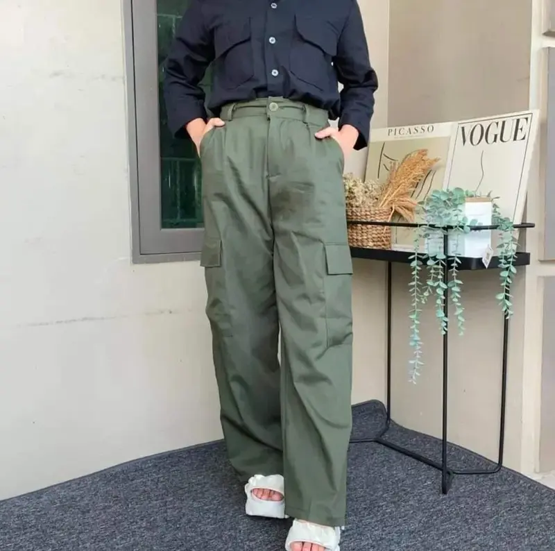 Celana Kargo Wanita Katun Twill Stretch Jumbo Big Size - Hitam Combed Kain Karet Panjang Standar Tebal Kerja Basic Kancing Kantor Oversize Baggy Linen Fit Melar Nyaman 5