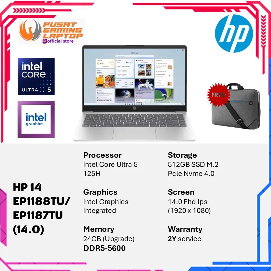 HP 14 Intel Core Ultra 5 125H Ram 24Gb 512Gbssd 14.0Fhd Ips Win11 + Ohs + M365b | 2Years Resmi