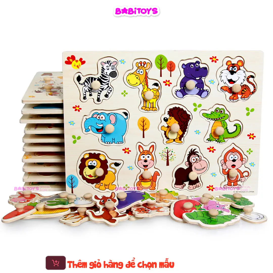 Bảng núm gỗ nhiều chủ đề, bảng ghép hình núm gỗ động vật, trái cây, chữ số giáo dục sớm phát triển trí tuệ