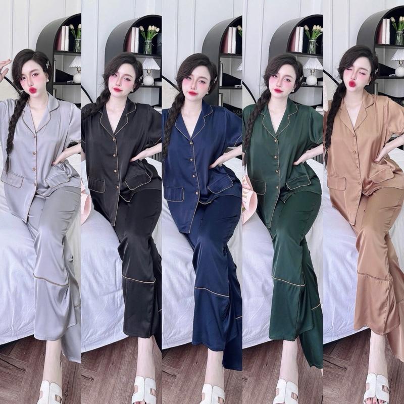 TAY NGẮN TÚI NẮP . Size M XL 40_70kg . Đồ Bộ Nữ Pijama Lụa Latin Mềm Mát (Không Xước Trắng) . Quần Dài Có Túi