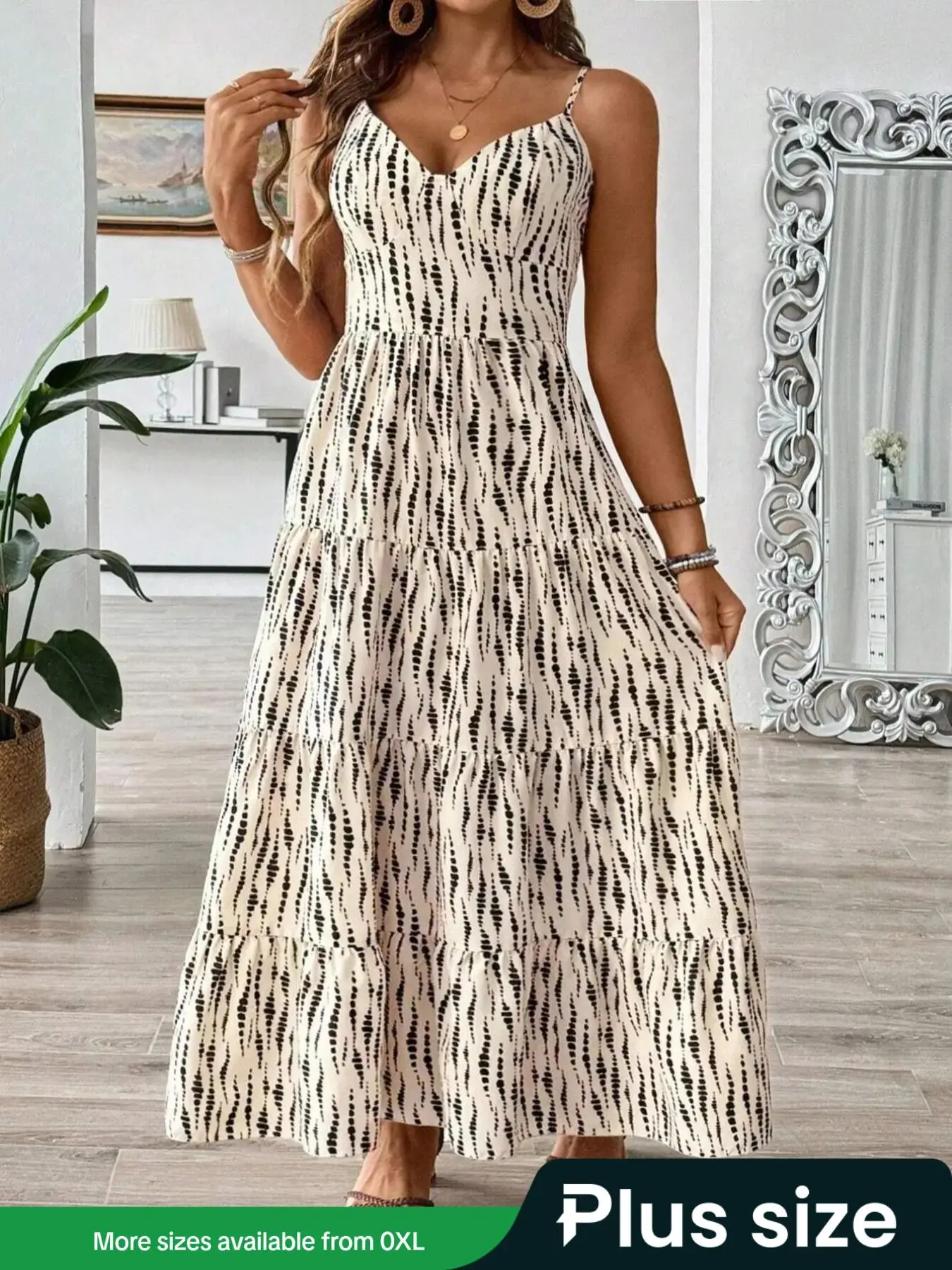 【Plus Size】 All Over Print Cami Dress, Elegant Sleeveless Long Dress for Holiday Vacation, Women's Clothes for Summer