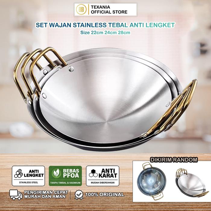 Gambar [GMA DAPAT 3 WAJAN] Texania Wajan Stainless Tebal Anti Lengket - Wajan Resto - Wajan Hotel - 3 Ukuran 22cm 24cm 28cm Kitchenware dari Texania house ware store Kota Tangerang Tokopedia