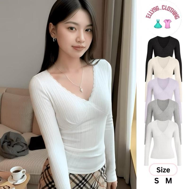    REN CỔ V   Áo Len Nữ Tay Dài Cổ  CHỮ V VIỀN REN  Top Women 