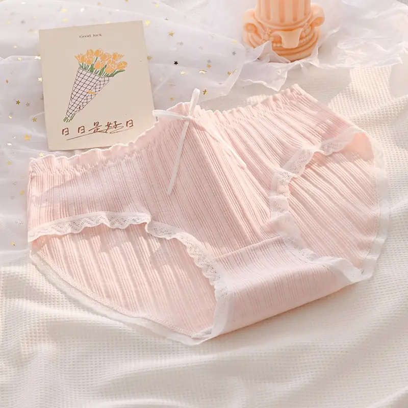 MoodStyle // CD1590 Cd Elastis Motif Pita Strawberry Celana Dalam Warna Pink Putih Bahan Katun Wanita Segitiga Mid Waist Sutra Briefs Cewek Cantik Bunga 0