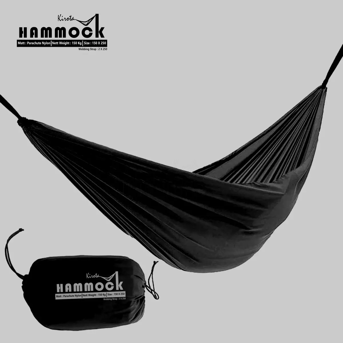 Hammock Kirota Warna Hitam - Ayunan Tempat Tidur Gantung Bahan Parasut Nilo Maks 150 kg