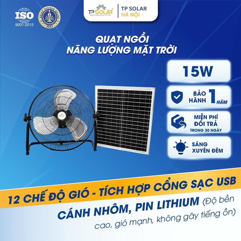 Quạt Ngồi Năng Lượng Mặt Trời TP Solar 15W Quạt Tích Điện Pin Lithium Dùng 8 Giờ Liên Tục 12 Chế Độ Gió Cánh Nhôm Bền Chống Ồn Tiện Lợi