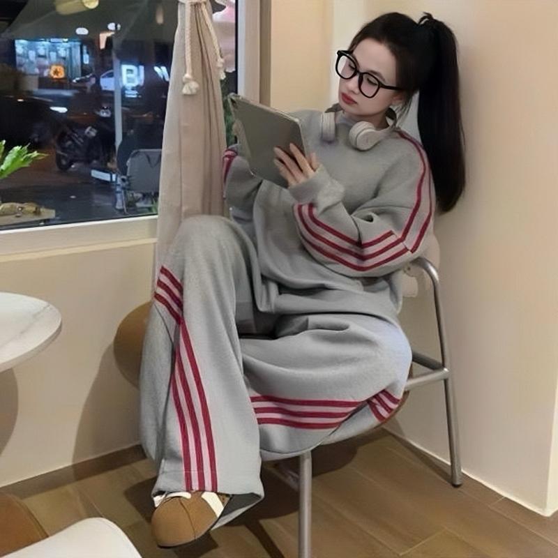 SET NỈ PHỐI SỌC- Áo Nỉ Cổ Tròn Phối Kẻ Sọc Tay + Quần Suông Ống Rộng Dây Rút Cá Tính 55-100kg