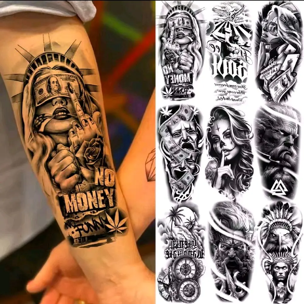 Tato Lengan Desain Unik dengan Tema "No Money" dan "No Fun" - Tato Lengan dengan Motif Kreatif dan Menarik - Tatto Temporary Tato Temporer Patung Liberty Buta No Money No Funny Tahan Air Sementara Seri FF