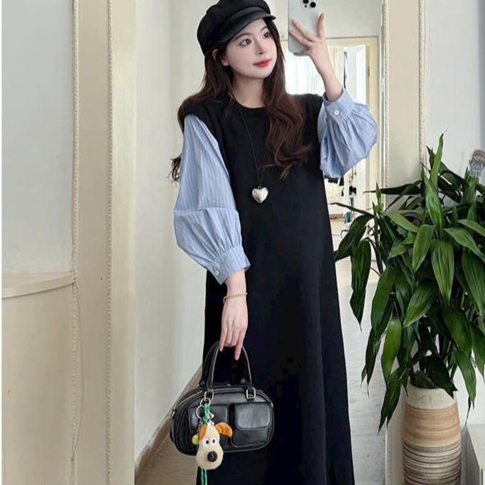 Đầm Bầu Tay Dài Phối Kẻ Cổ Tròn Sang Trọng Thoải Mái Chất Liệu Mềm Mại Phong Cách Hàn Quốc