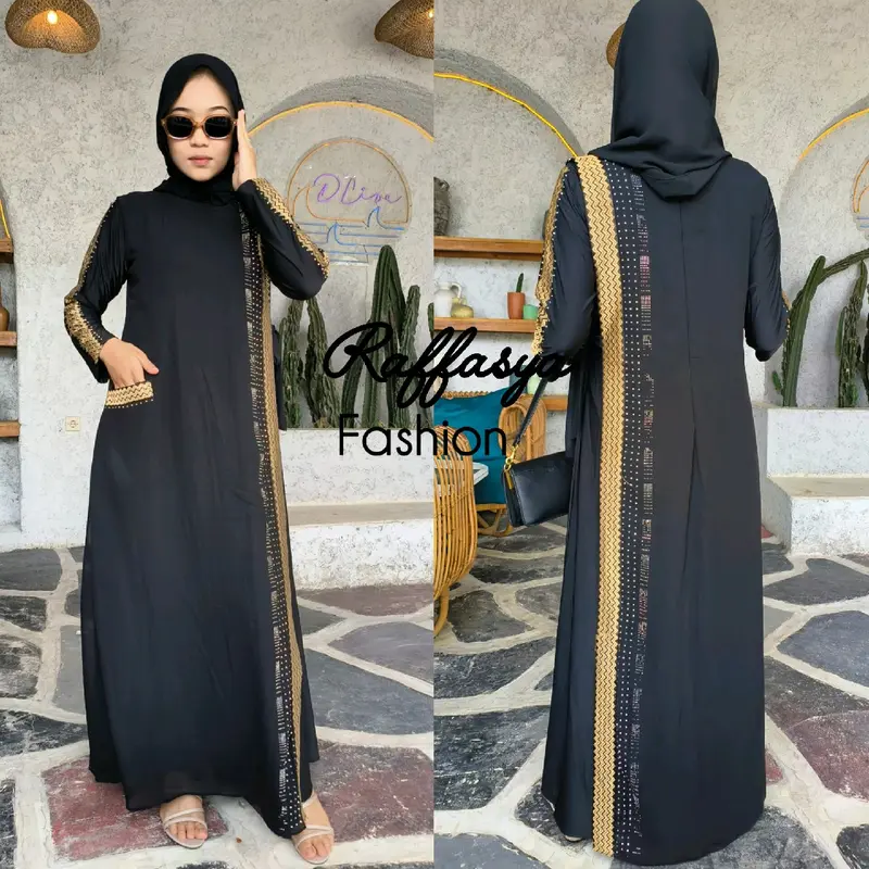 GAMIS ABAYA TURKEY CERRUTY KELILING BORDIR DEPAN BELAKANG SEAN GOLD DAN FULL HITAM 4