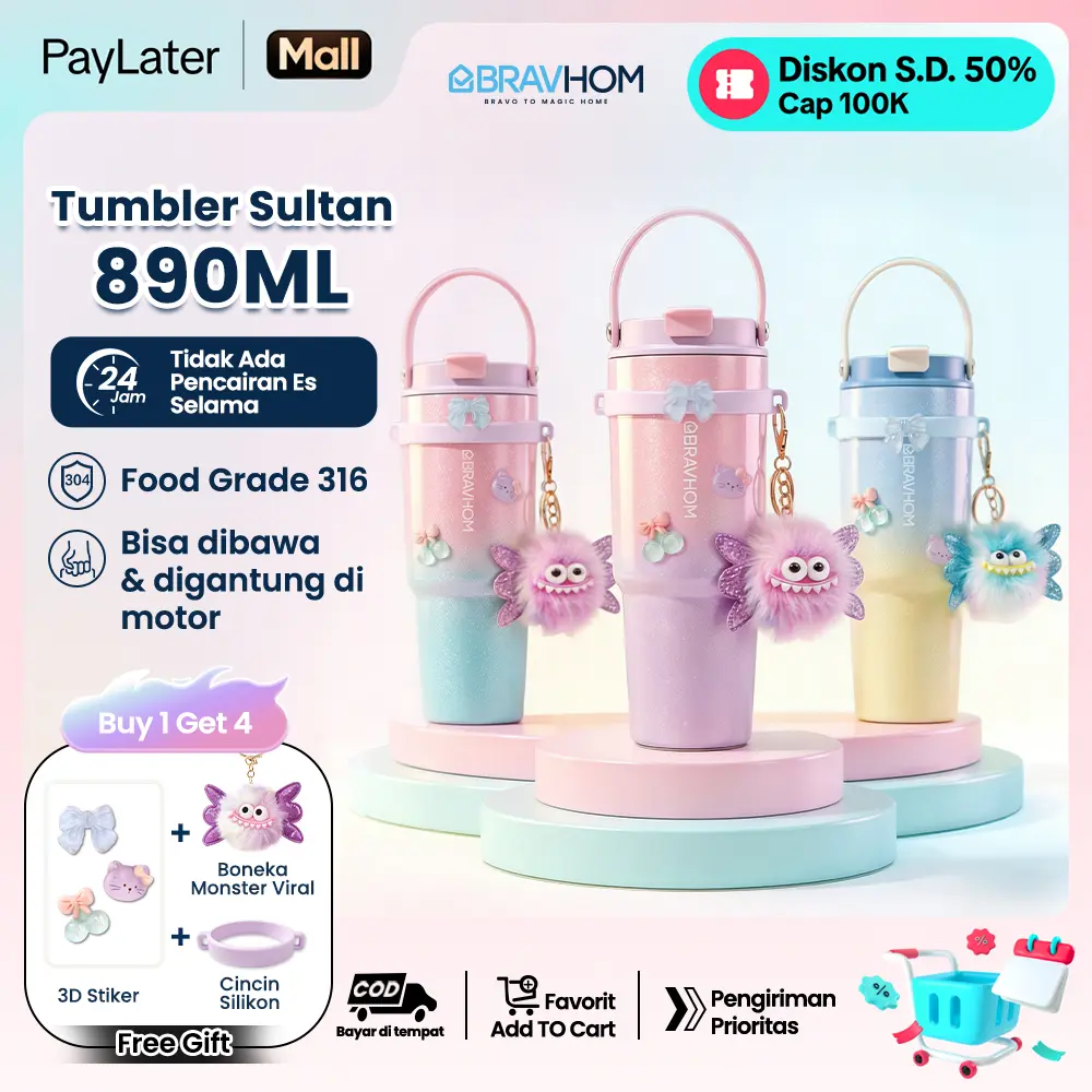 S【Fenihom Exclusive】 (COD)Bravhom Gradasi Botol Tumbler Stainless Steel 316 Bisa Tahan Dingin & Panas  tumblers stainless Botol Minum Trendi untuk Travel & Sehari-hari Kapasitas 890ml water cup cangkir Portabel BT06