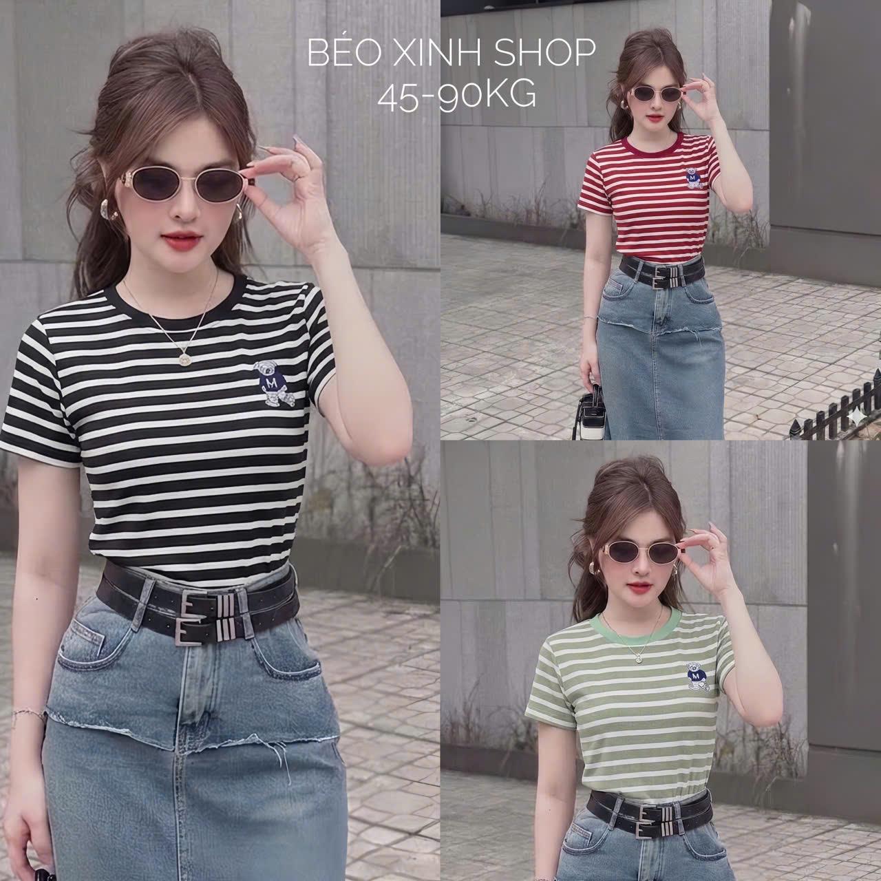 Bigsize Sài Gòn Áo Thun Nữ Tay Ngắn Thêu Gấu Basic Vải Borit Sọc Cao Cấp Thanh Lịch Bigsize 45–90kg Dễ Thương Nữ Women Top Nhung - A.1764