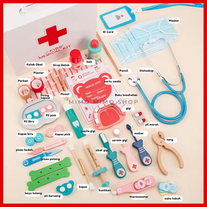 MAINAN DOKTER DOKTERAN ANAK FREE TAS MURAH  - RED DOCTOR MEDICAL WOODEN TOYS | Mainan Edukasi Dokter Gigi | Dokter Anak Wooden Toys Kayu 6