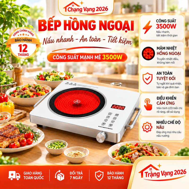 Bếp Hồng Ngoại Cao Cấp, Màn Hình Cảm Ứng, Mặt Kính Cường Lực, Công Suất 3500w Dùng Được Tất Cả Nồi