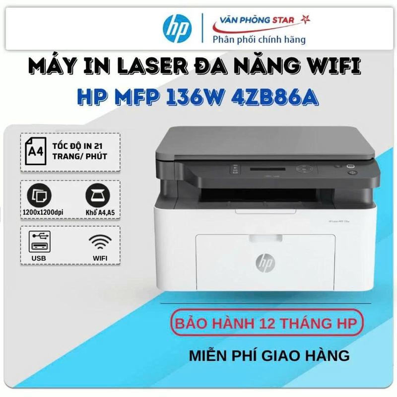 Máy in laser đen trắng không dây HP 136W - In/ Copy/ Scan, 1 mặt, 1200x1200 dpi, USB2.0/Wifi, A4/A5/B5, 64MB, 110A màu đen