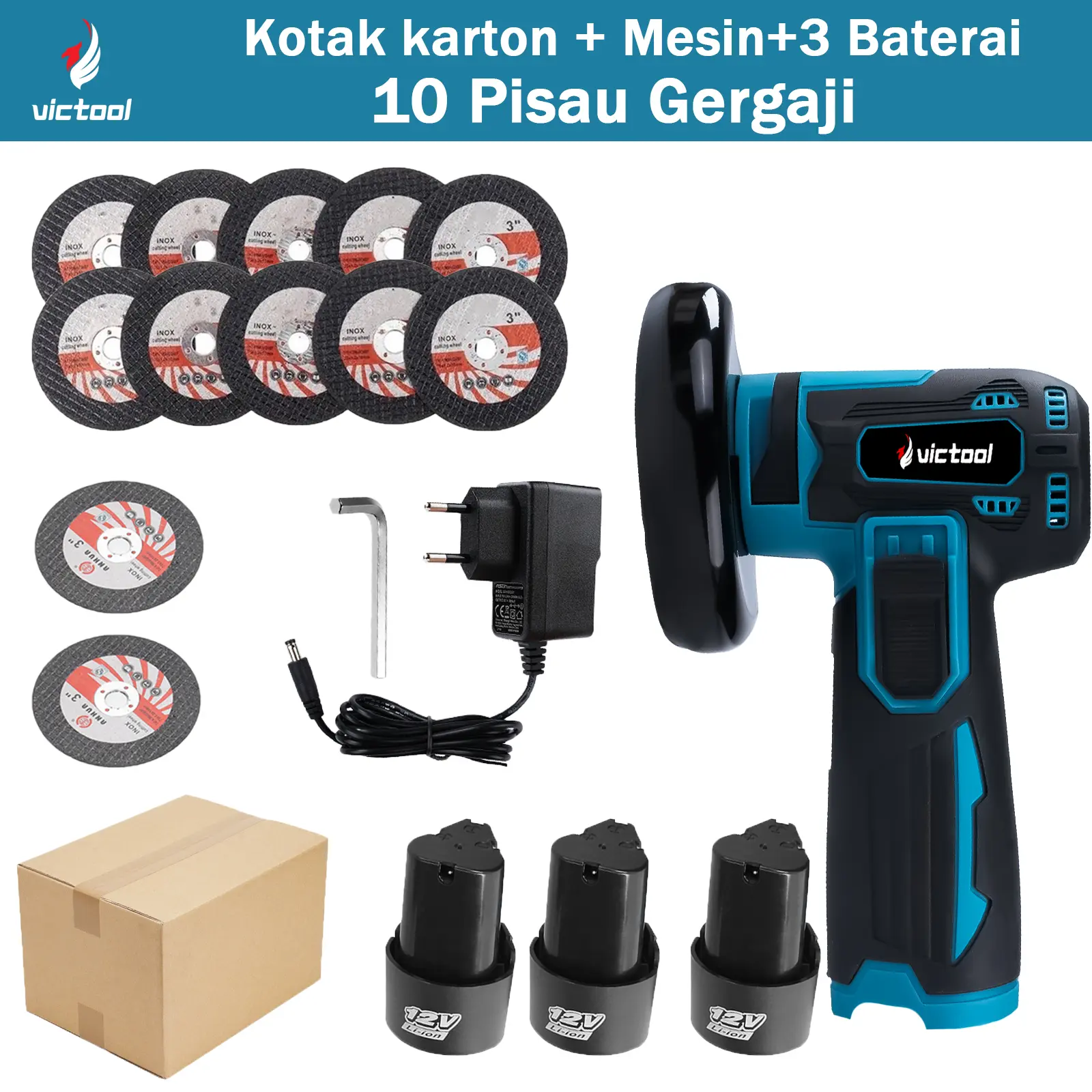Kotak karton + Mesin + 3 Baterai + 10 Pisau Gergaj