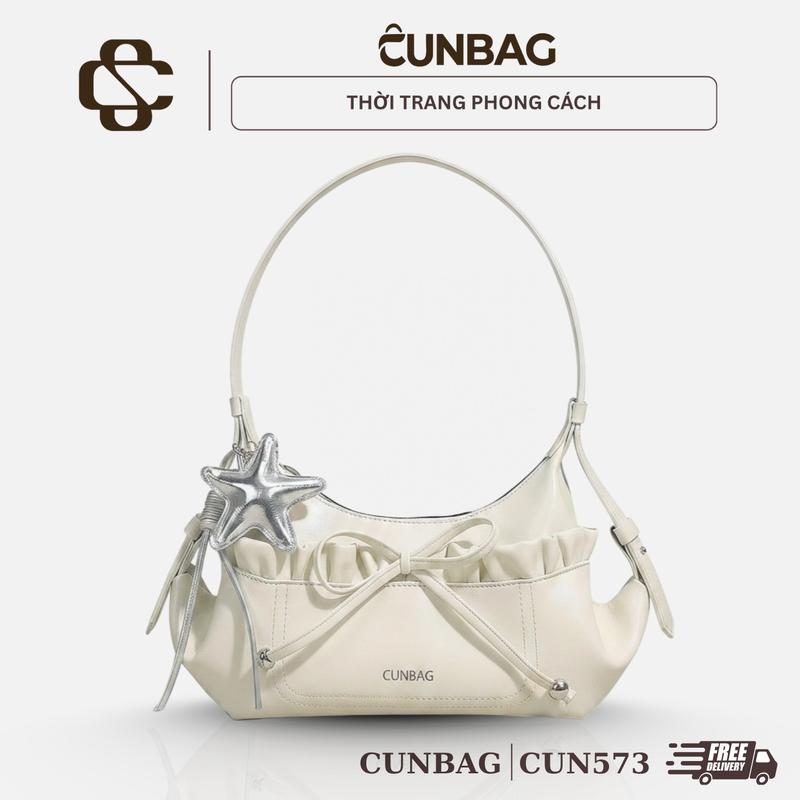 [Tặng Charm Sao] Túi Xách Nữ Cunbag Đeo Vai Dáng Bán Nguyệt Da Mềm Phối Nơ Rút Màu Pastel CUN573