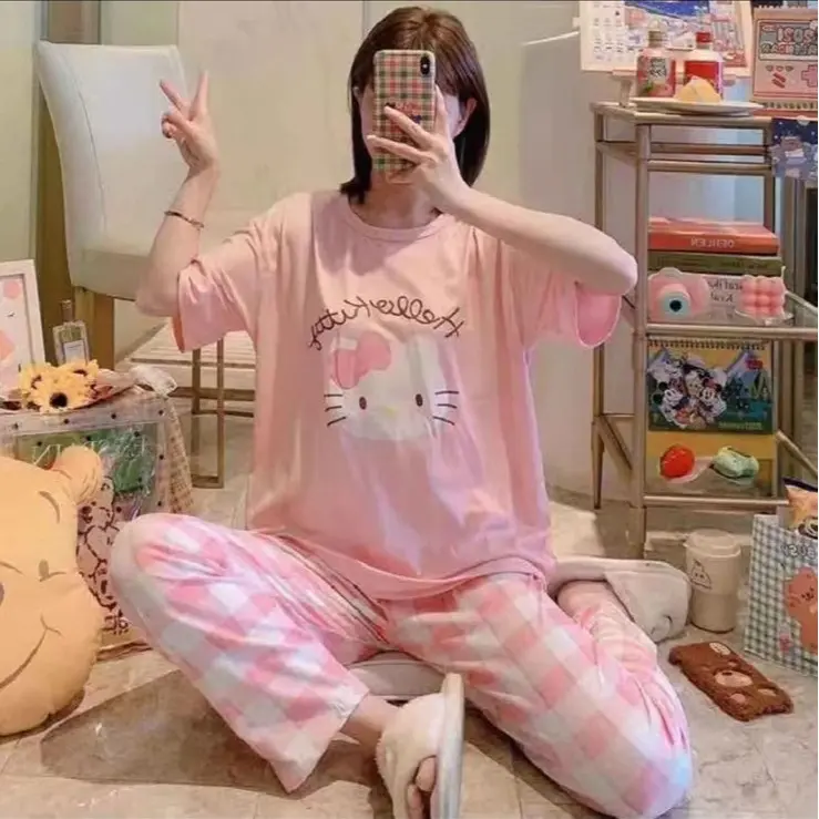 Baju Tidur Wanita Piyama Lengan Pendek Celana Panjang Setelan Tidur Dewasa Remaja 7
