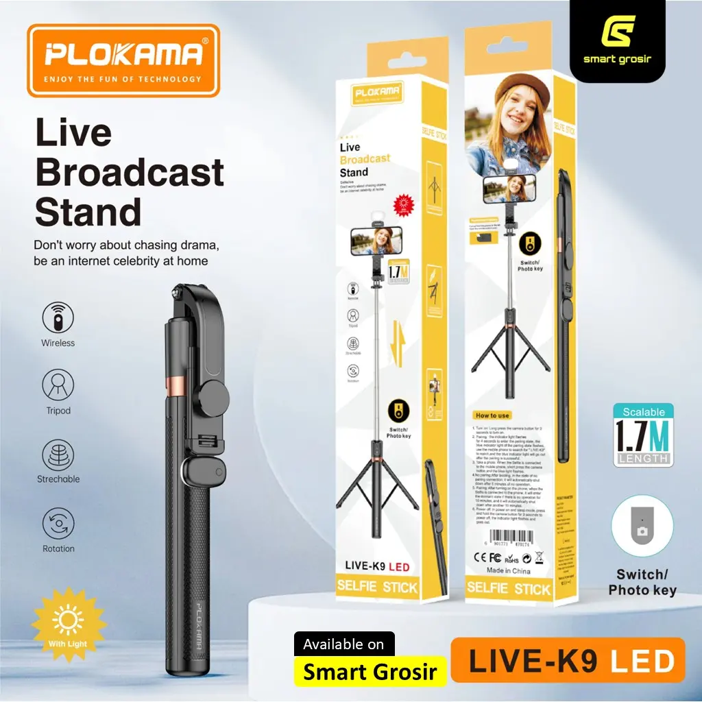 Tongsis PLOKAMA K9 With LED 1.7 Meter Selfie Stick 4IN1 360° Rotation Adjustable Tongsis Tripod Selfie Remote 170CM