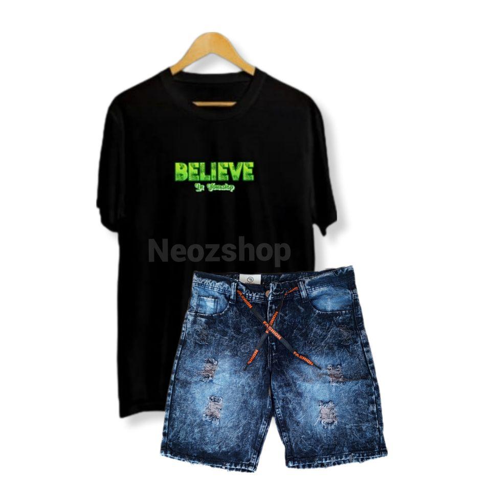 Setelan Kaos Distro Believe Dan Celana Pendek Sobek Jeans Premium Pria Dewasa