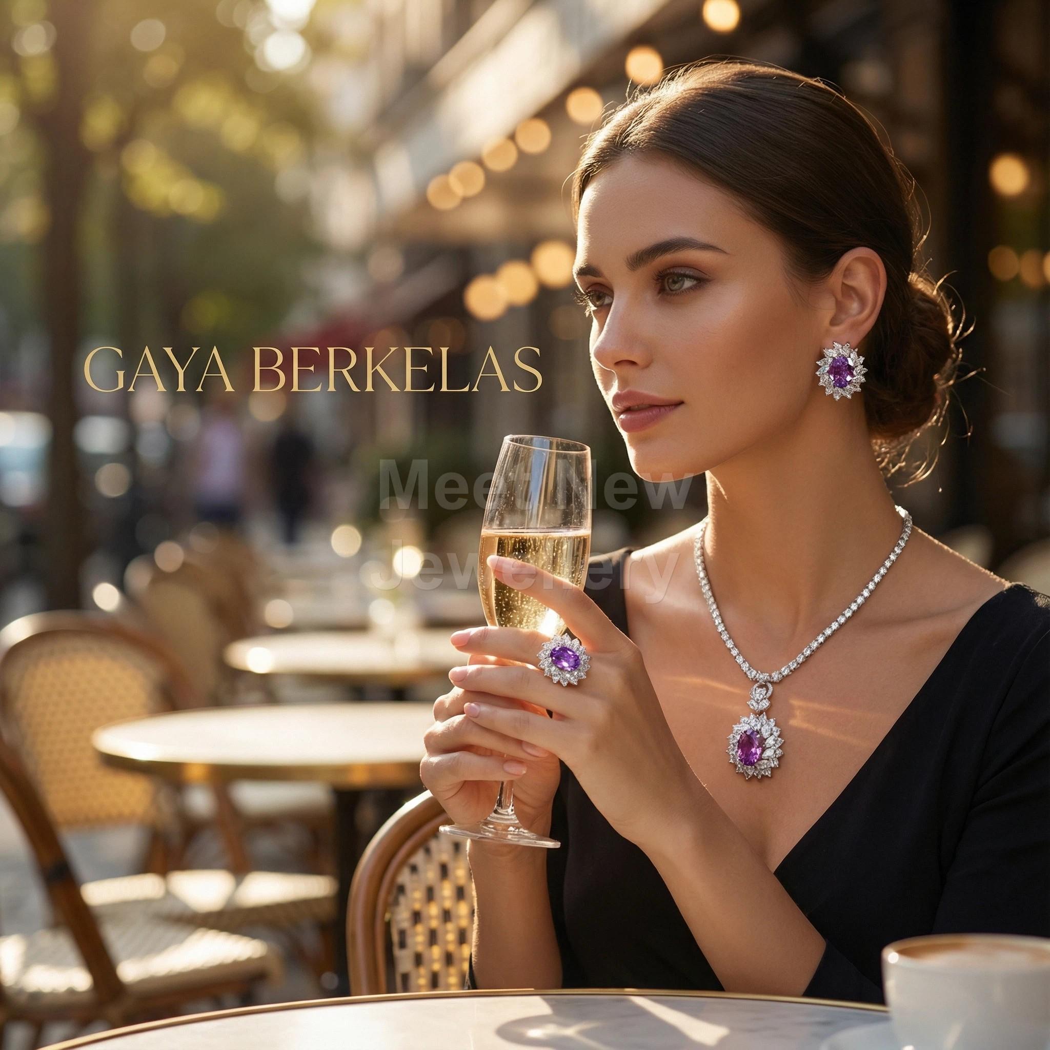 MNS42U Set Perhiasan EleganCOLOS42U Tiga Potong Batu Permata Ungu Bermutu Tinggi Anting Kalung Cincin untuk Wanita Desain Klasik Mewah