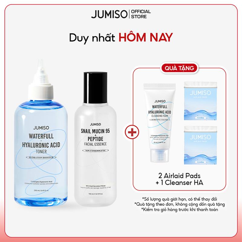  Jumiso Bộ Đôi Dưỡng ẩm sâu Snail Mucin 95 & Peptide + Waterfull Hyaluronic Acid Toner 140ml   250ml Glass Skin Hàn Quốc 