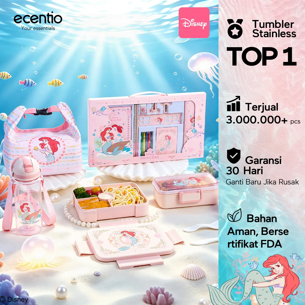 [Back To School] ecentio Disney Princess Ariel Drinking 550ml Bottle & Children's 900ml Lunch Box Anti-Spill Lunch Box Snack Box Free Spoon BPA Free Heat Resistant Lunch Bag