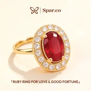 Spar.co Cincin Permata Wanita Batu Merah Elegan Lapis Emas Kado Ulang Tahun Cincin Ruby Cantik Hadiah Anniversary Perhiasan Wanita SP-1405