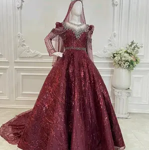 Kebaya Pengantin Gaun Premium Marun Burgundy Marun Full Payet Variasi Gold Slim Dress Wanita Panjang Mewah Luxury Semi Prancis Chantilly Pesta Span