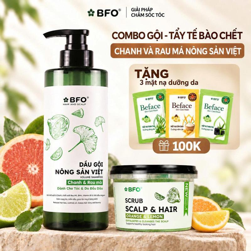 Combo Dầu Gội Chanh & Rau Má 500ml + Tẩy Tế Bào Chết Da Đầu Cam Chanh 300g, Làm Sạch & Thông Thoáng Da Đầu