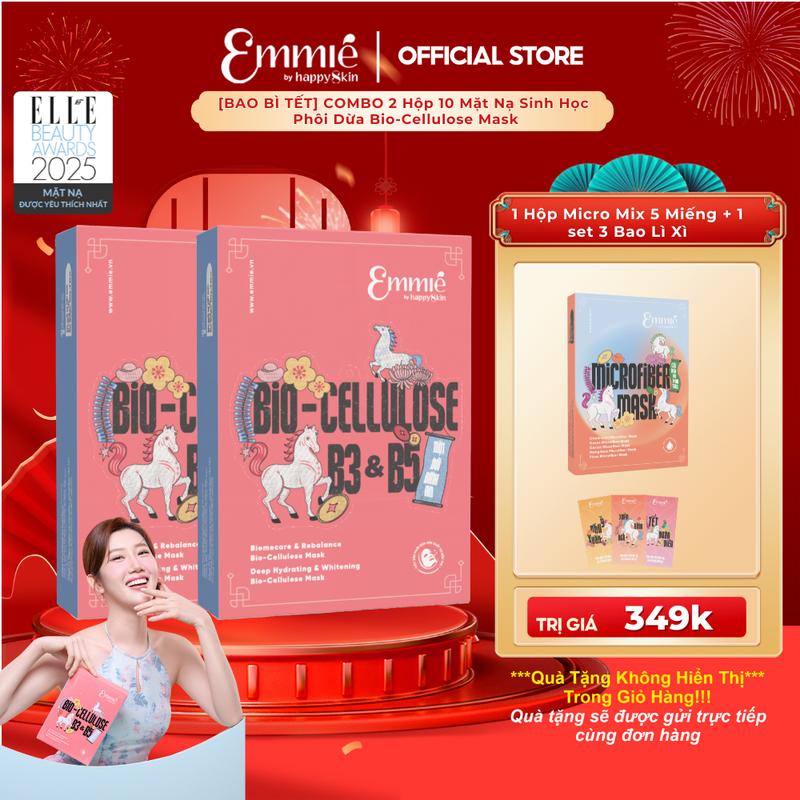 ĐỘC QUYỀN BAO BÌ TẾT COMBO 2 Hộp 10 Mặt Nạ Sinh Học Phôi Dừa Bio-Cellulose Mask Mix Emmié by happySkin 25gx10x2