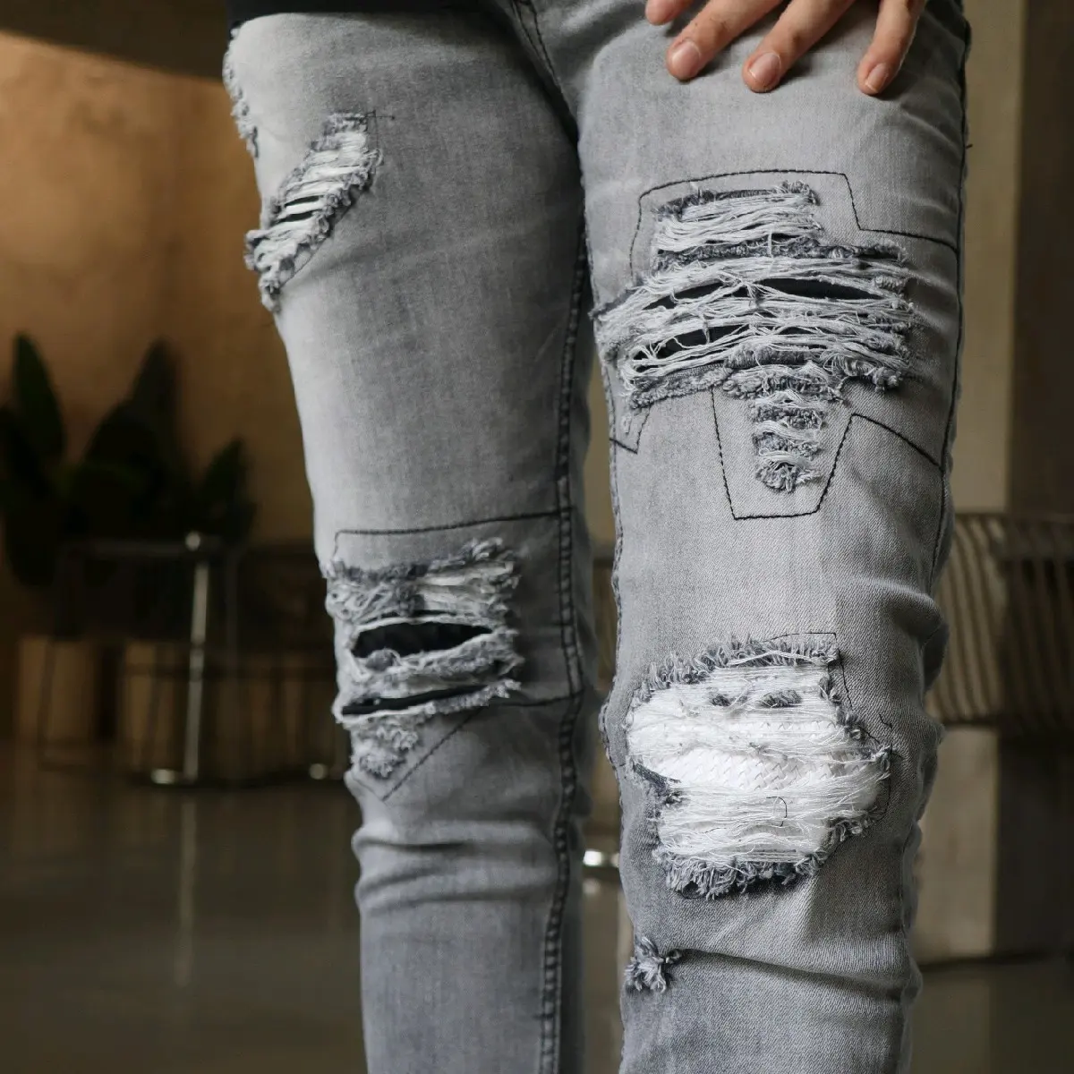 North Denim Celana Jeans Denim Panjang Pria Strech Ripped Patch Cotton - Iron Fade