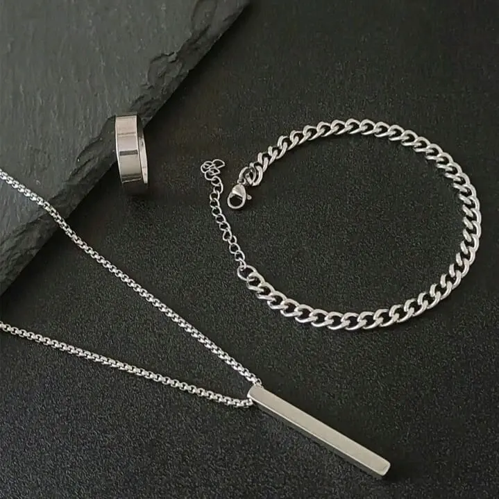 (fullset)KALUNG GELANG DAN CINCIN TITANIUM PRIA WANITA TERMURAH WARNA SILVER SIMPEL DAN MEWAH Perhiasan Elegan 1