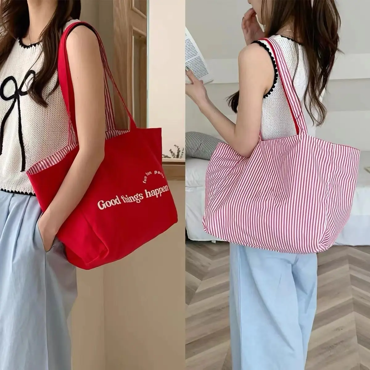 Túi Vải Bố, Phong Cách Thường Ngày Đơn Giản Nhật Bản, Hai Mặt, Dải Lưng, In Chữ, Thời Trang, Thích Hợp Cho Phụ Nữ Và Học Sinh, Lý Tưởng Cho Các Chuyến Đi Làm Và Lớp Học, Sức Chứa Lớn, Túi Đeo Vai